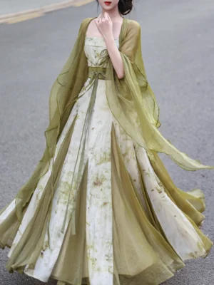 New Chinese style Hanfu inspired slip swing dress with artistic print layered skirt waist sash and sheer green cardigan
