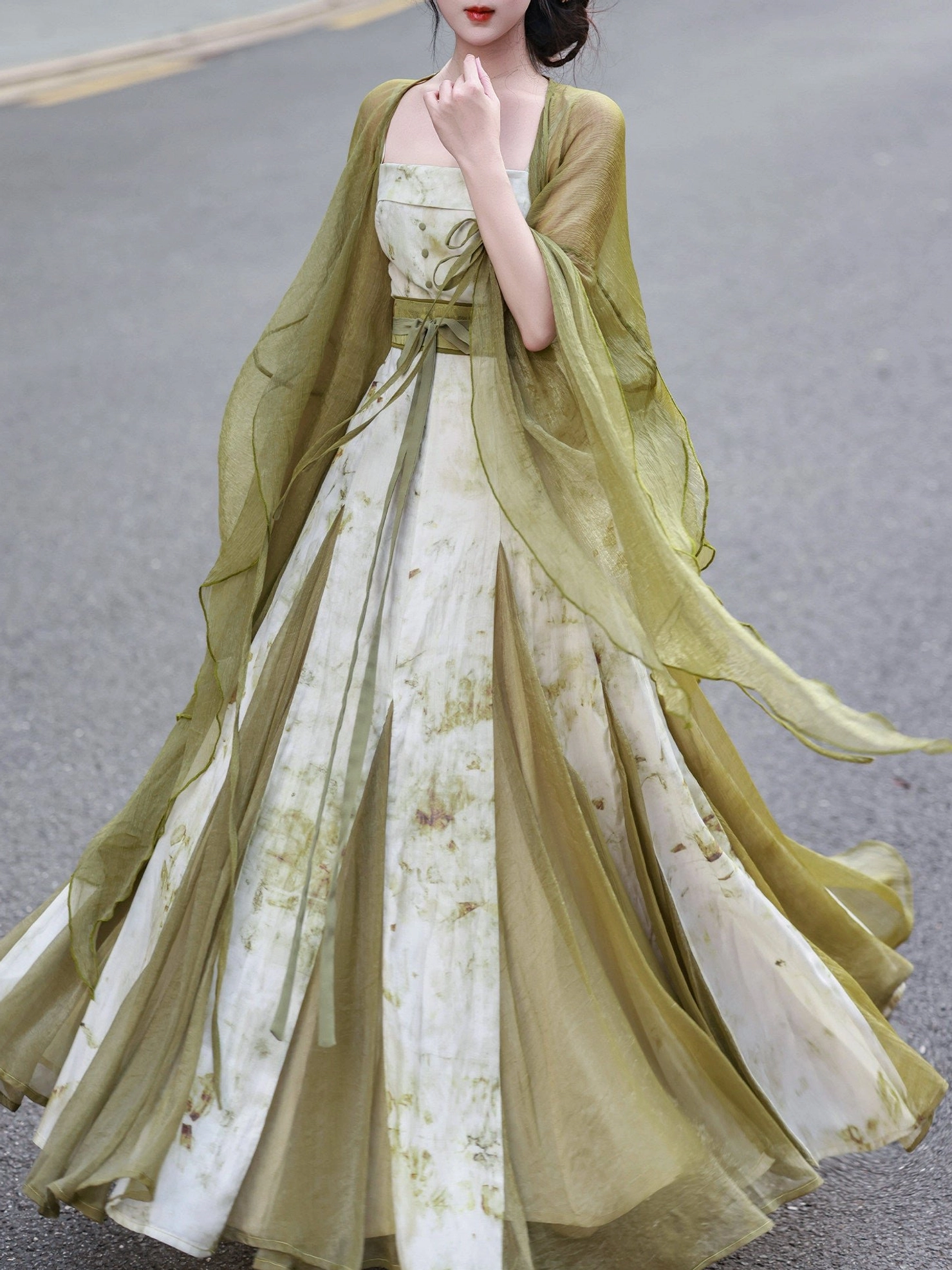 New Chinese style Hanfu inspired slip swing dress with artistic print layered skirt waist sash and sheer green cardigan