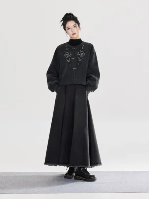 New Chinese style retro washed black denim cropped jacket and high waisted long skirt coordinated outfit