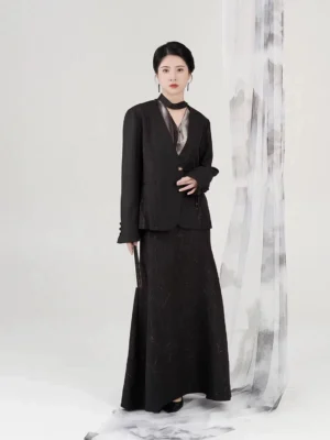 New Chinese style women's black blazer and high-waist mermaid skirt set with watercolor V-neck blouse front view