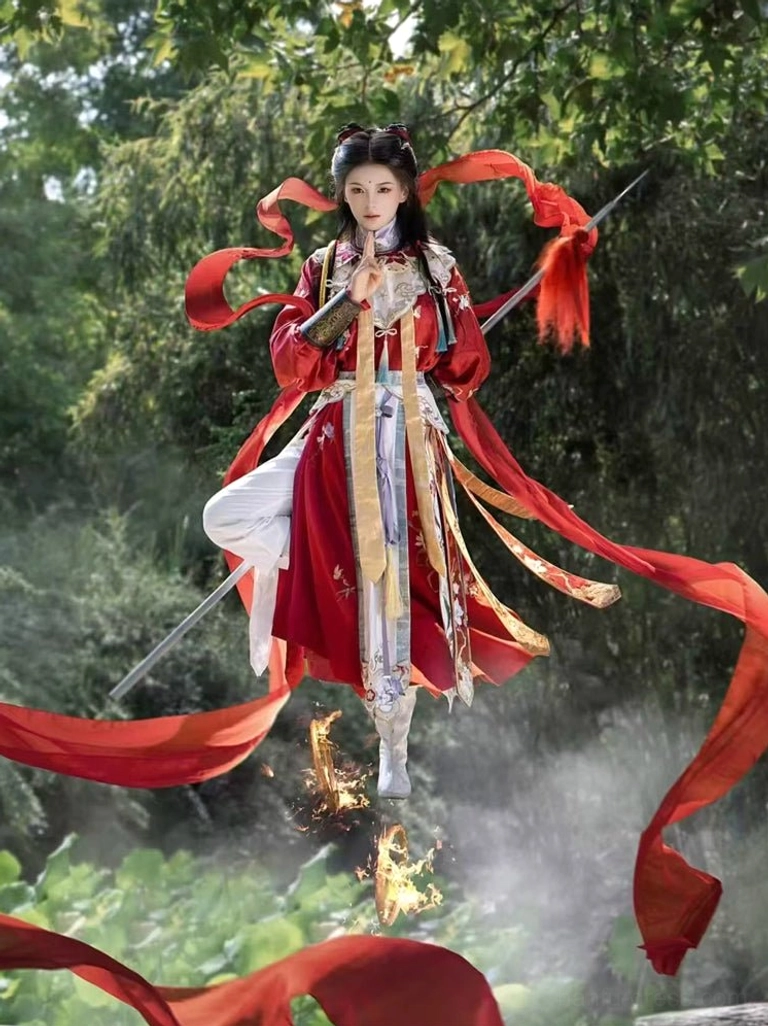 Nezha inspired Chinese mythology Hanfu costume for men with red robe white inner layers gold trim and dramatic fantasy cosplay styling