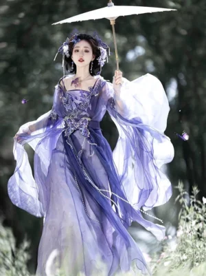 Night Butterfly Wei Jin Dynasty Qiyao Ruqun Hanfu full front view in a purple gradient with wide sheer sleeves, butterfly waist embroidery, pearl tassels, and a white traditional Chinese paper umbrella