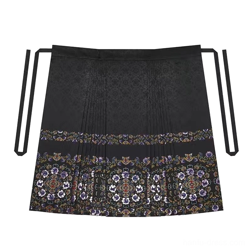 Black mamianqun horse face skirt option with elegant floral brocade detailing for modern Ming style Hanfu