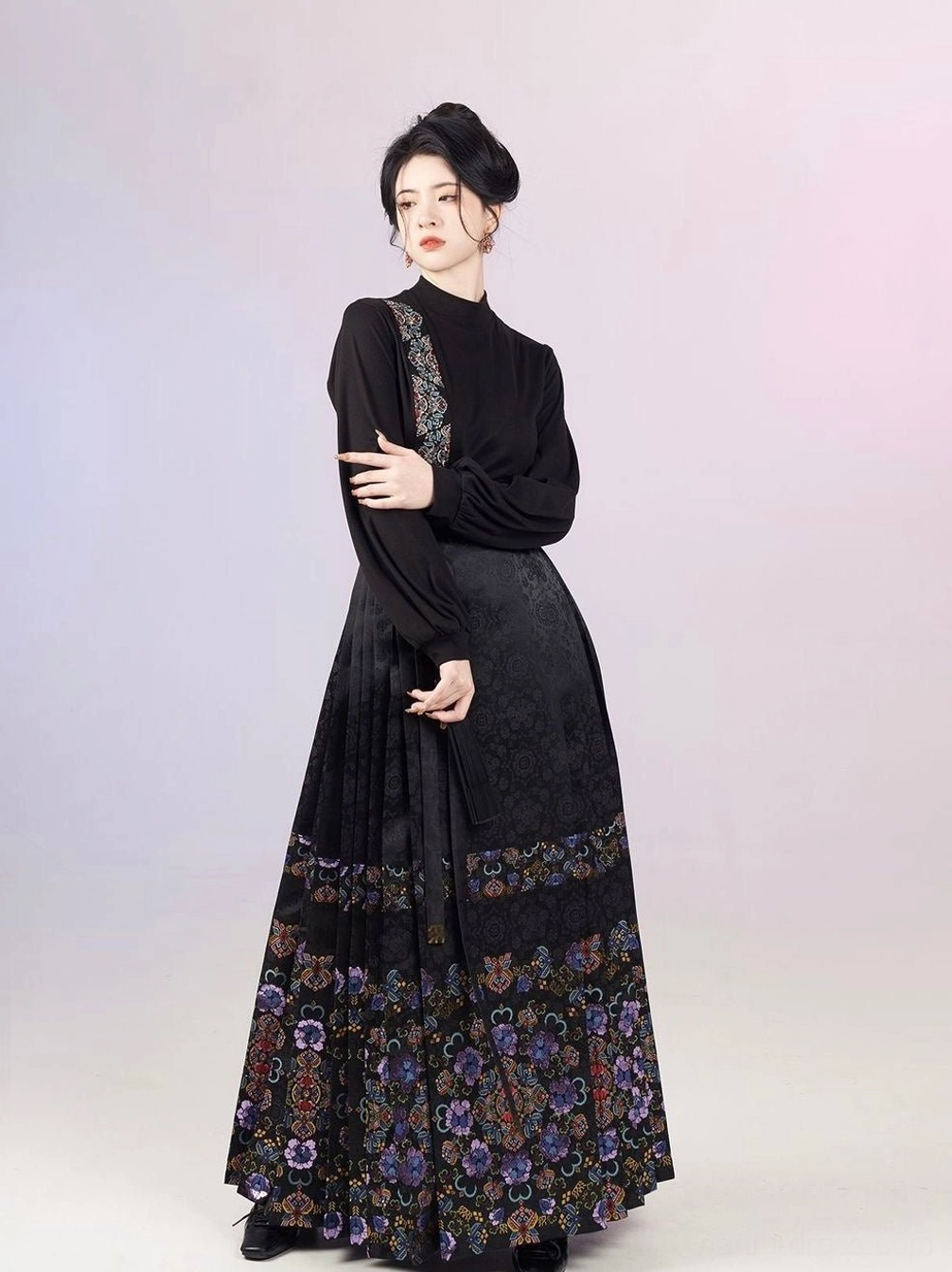 Black Ming style Hanfu top and black mamianqun horse face skirt with gold floral hem detail