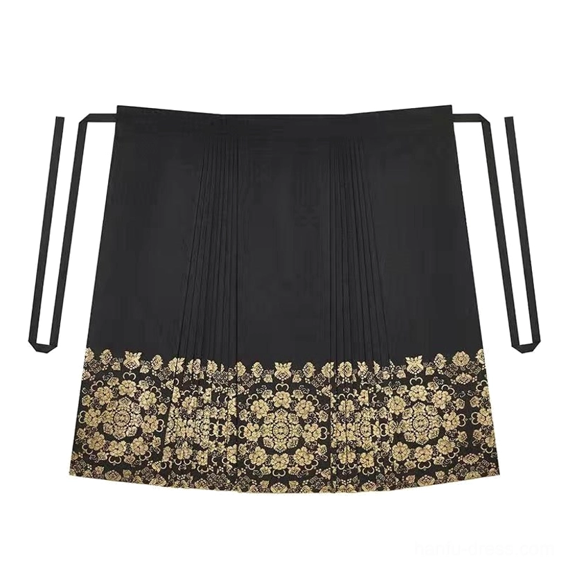 Gold mamianqun horse face skirt option with decorative floral hem for modern Chinese Hanfu styling