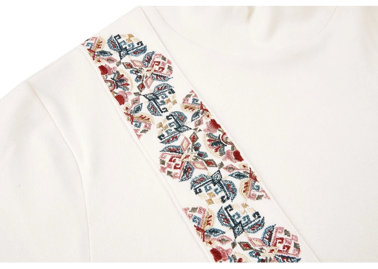 Close up of white Hanfu stand collar top with colorful red blue and gold Chinese floral embroidery strap