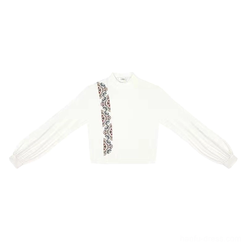 White Hanfu top option with stand collar long sleeves and embroidered shoulder detail for mamianqun styling