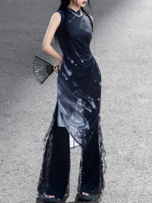 Three-quarter rear view of the Night Galaxy Chinese style cheongsam dress showing the fitted silhouette, stand collar, galaxy print, and sheer lace side panels with a black folding fan