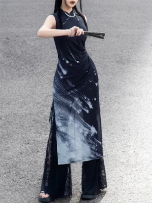 Three-quarter front view of a woman wearing a Night Galaxy modern Hanfu sleeveless cheongsam dress with ink-wash starfield print, ruched waist, high side split, and sheer lace detailing