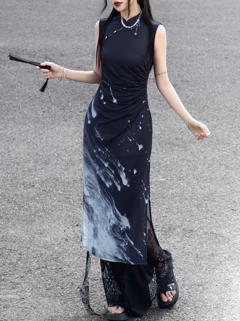 Side view of a woman wearing the Night Galaxy sleeveless qipao-inspired dress with nebula print, ruched waist, elegant stand collar, and flowing split skirt