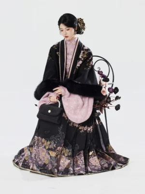 Nightingale Begonia Ming Dynasty Hanfu full set with black fur-trimmed jacket, pink pipa sleeve top, and floral bird mamianqun skirt