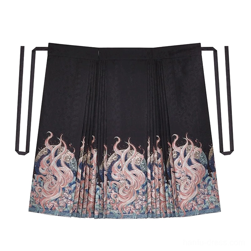 Black Nine-Tailed Fox mamian skirt with pleats, side-tie straps, and a gradient flame-inspired printed hem