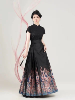 All-black Ming-inspired Hanfu blouse and mamian skirt with subtle jacquard texture and Nine-Tailed Fox hem print