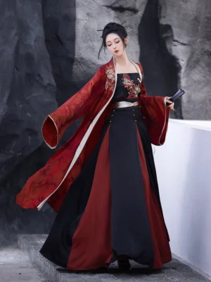 Three-quarter view of Nirvana Song Dynasty Hanfu outfit showing the flowing red Beizi jacket white contrast trim and black-red layered skirt