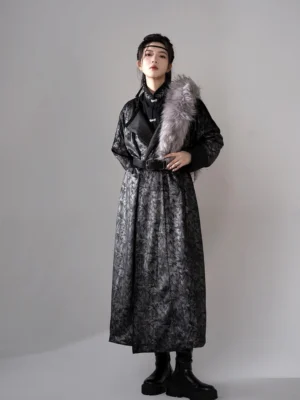 Full front view of Nocturne black Tang Dynasty inspired hanfu robe for men and women with dark floral jacquard fabric and wuxia styled belt
