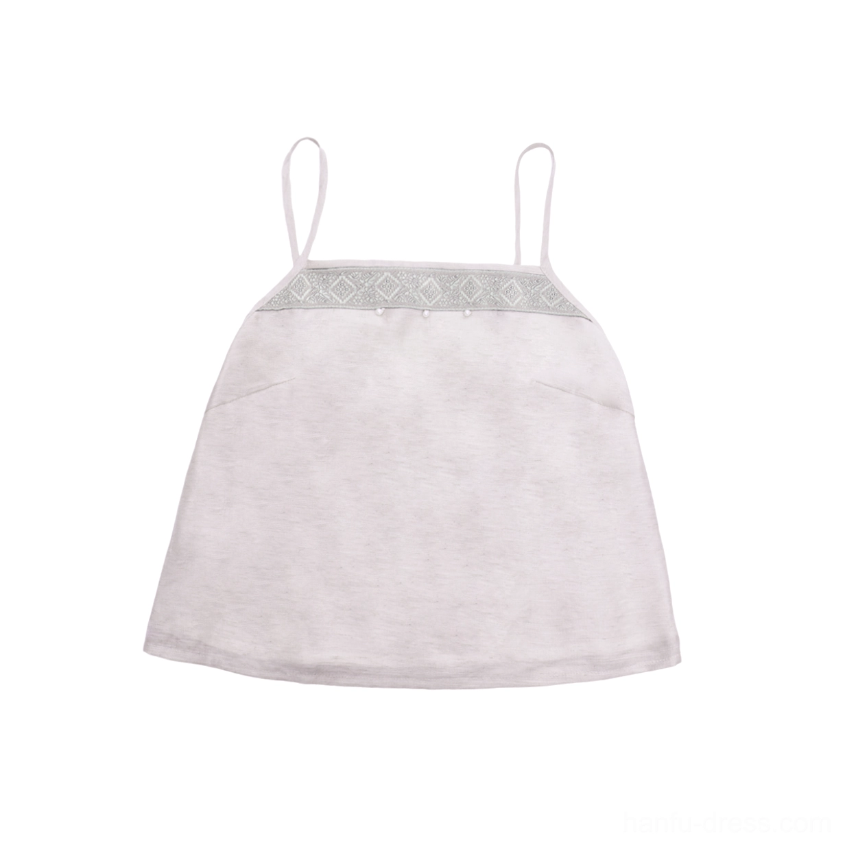 Flat lay view of the nude beige Hanfu camisole with spaghetti straps and geometric embroidered lace trim around the neckline