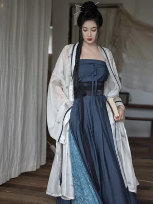 Front full-body view of Observing Mist Song Dynasty modern Hanfu full set with off-white ink-print long jacket navy camisole wide-leg pants and black waist belt