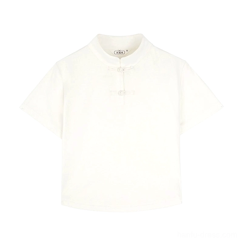 Off-white Chinese-style short-sleeve Hanfu top with stand collar and matching frog buttons shown in a flat lay