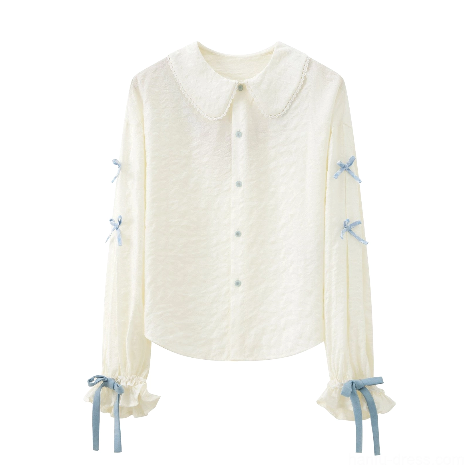 Off-white Chinese style doll collar blouse with front buttons and blue bow cuff details for modern Hanfu outfit