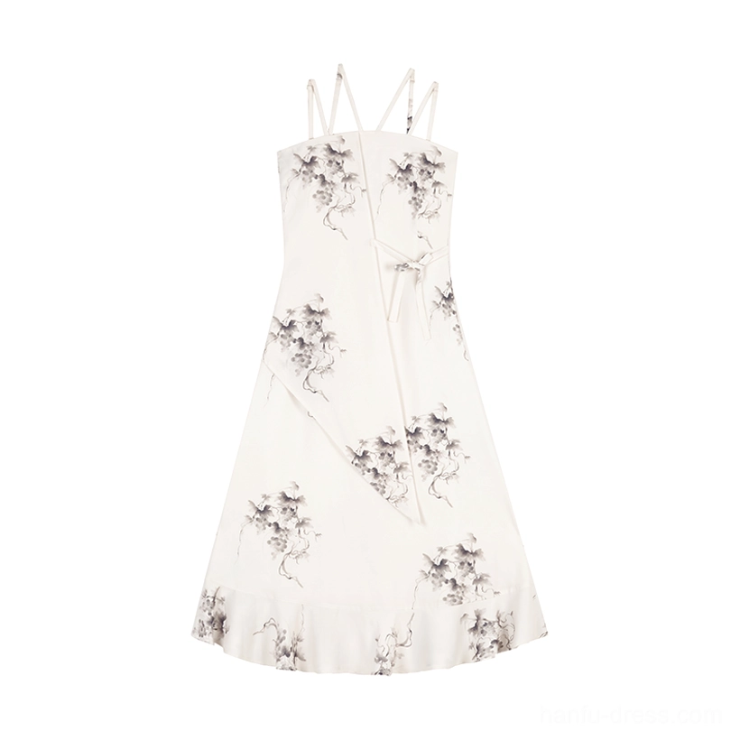 Off-white grapevine ink print slip maxi dress flat lay with double straps and detachable waist tie sash