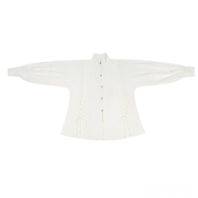 Flat lay of an off-white vintage stand collar inner shirt with lantern sleeves, front buttons, and lace-up hem details for hanfu layering