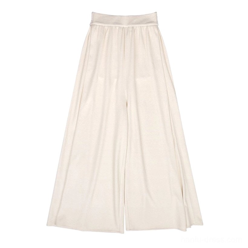 Flat lay front view of off-white Hanfu wide leg pants with high elastic waistband and minimalist straight flowing silhouette