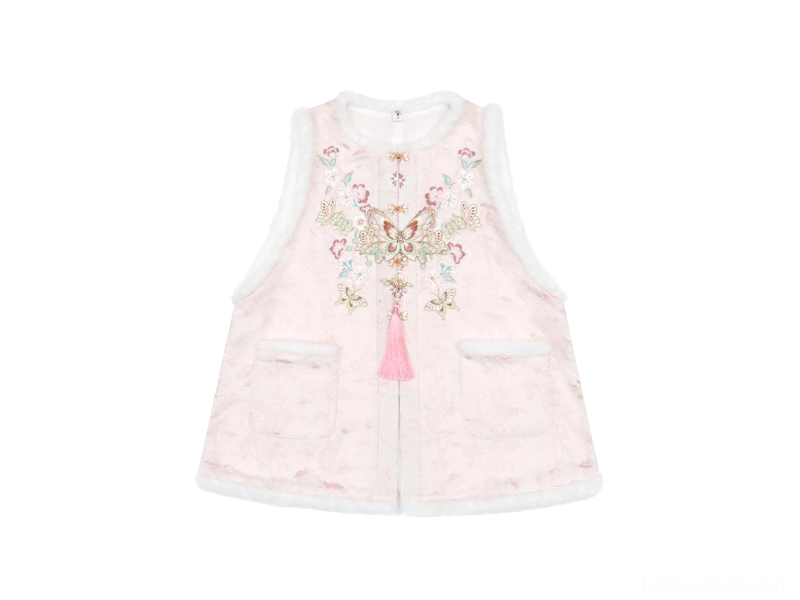 Off white Ming Dynasty Hanfu bijia vest with fuzzy trim floral embroidery and central tassel pendant flat lay
