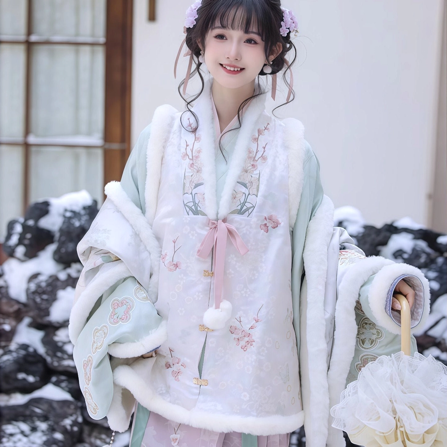 Off white Ming Dynasty Hanfu bijia vest with plum blossom branch embroidery pink bow and pom pom pendants