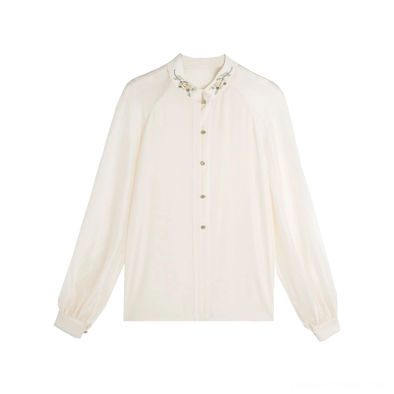 Off-white modern Hanfu stand collar blouse with sheer bishop sleeves front buttons and delicate floral embroidery