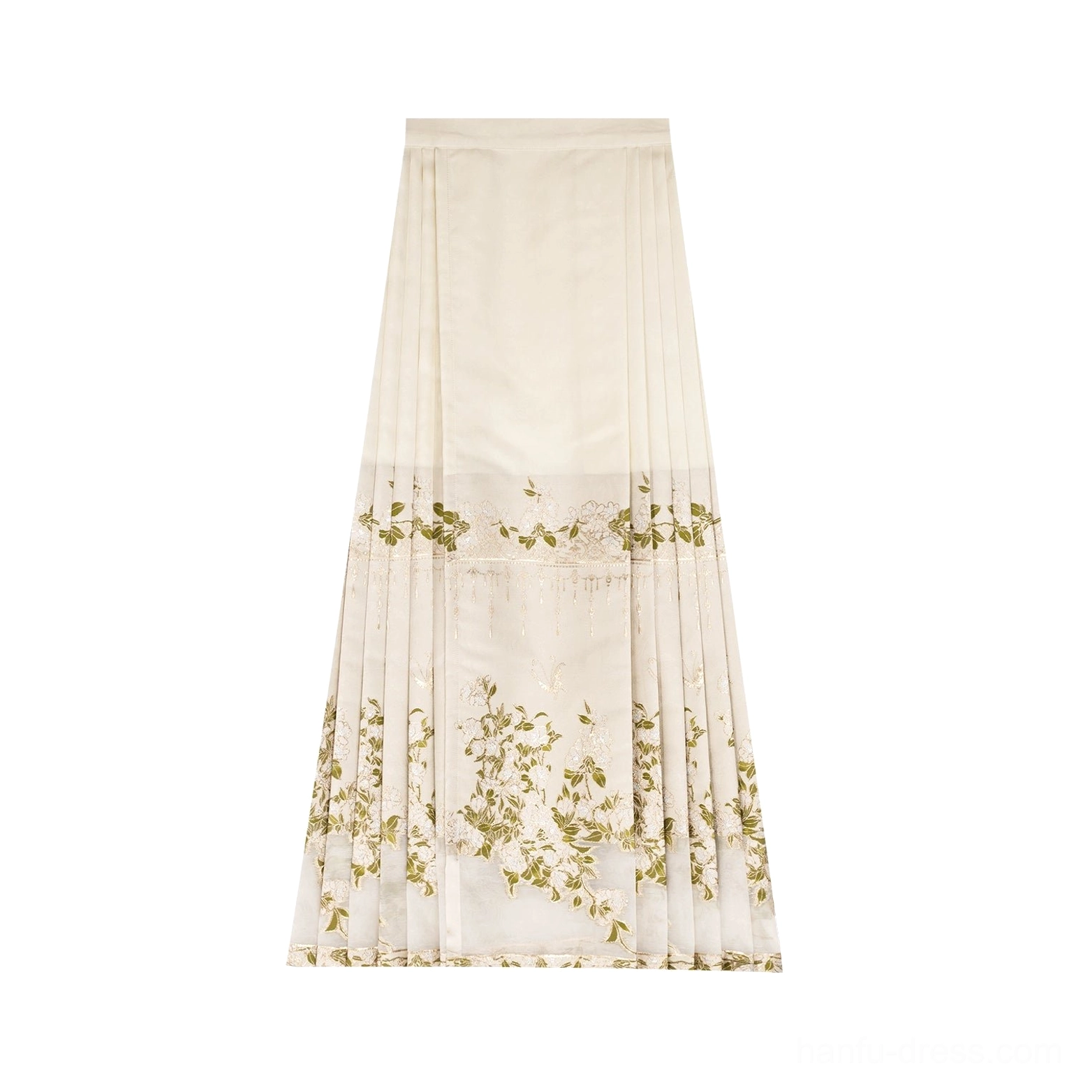 Off-white floor-length pleated mamianqun horse face skirt with delicate green floral print and decorative hem trim