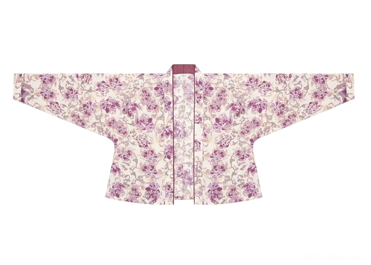 Off-white and purple floral Song Dynasty Hanfu winged-sleeve cross-collar top with open front design