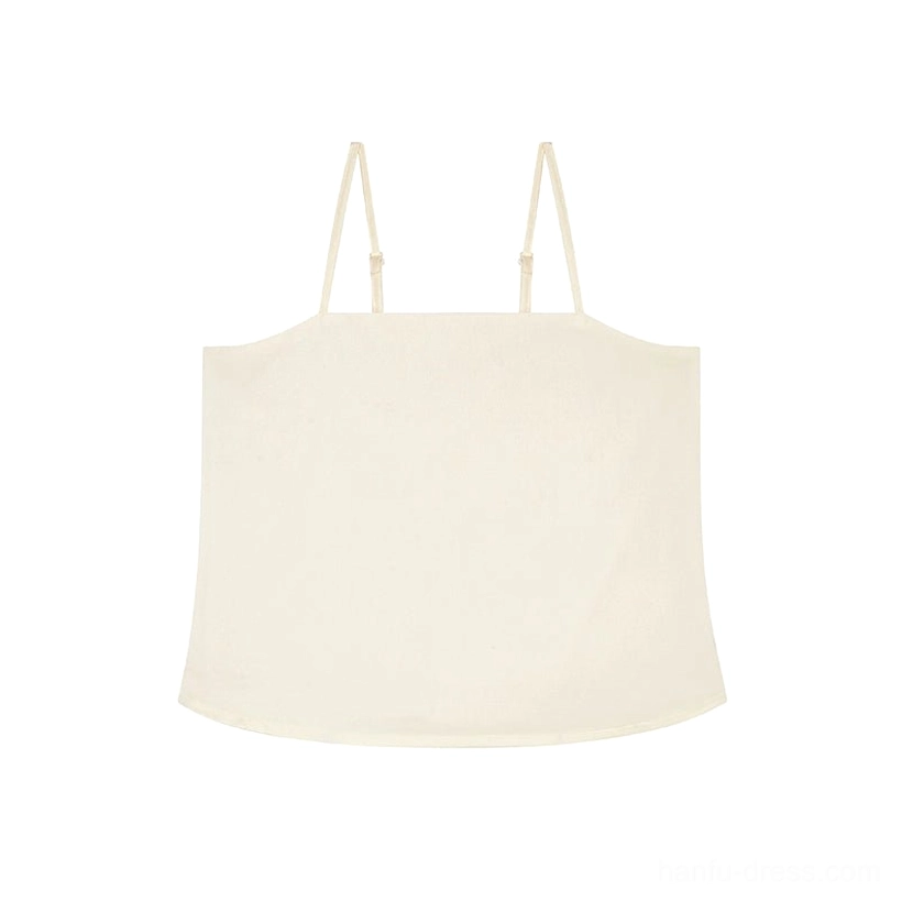 Flat lay of an off-white satin hanfu camisole with thin shoulder straps and minimalist straight-cut silhouette