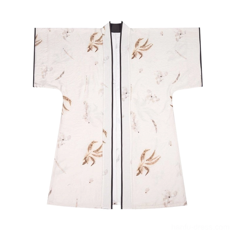 Flat lay view of off-white Song Dynasty Hanfu beizi jacket with botanical grass print, black collar trim, front placket, and flared sleeves