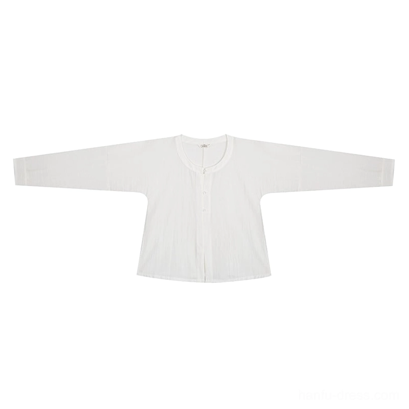 Flat lay of the off-white long-sleeve Hanfu inner top with round stand-up collar and front button placket