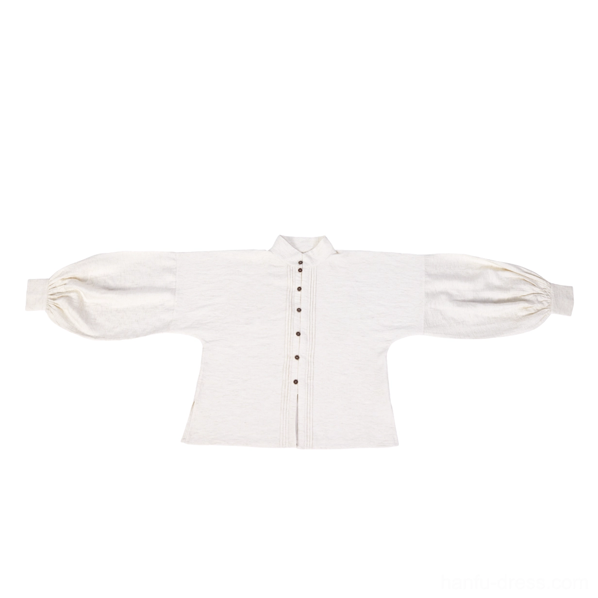 Off-white rayon stand-up collar long-sleeve hanfu top with front buttons, textured fabric, and retro puff sleeves