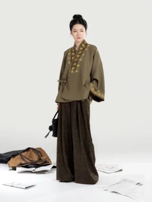 Women wearing olive embroidered jacket and brown wide-leg pants New Chinese Style Modern Hanfu set front view