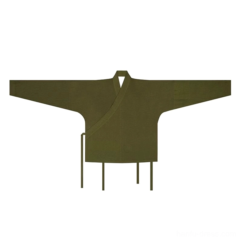 Flat lay of the olive green cross-collar Hanfu blouse with loose long sleeves, textured fabric, and side fastening ties