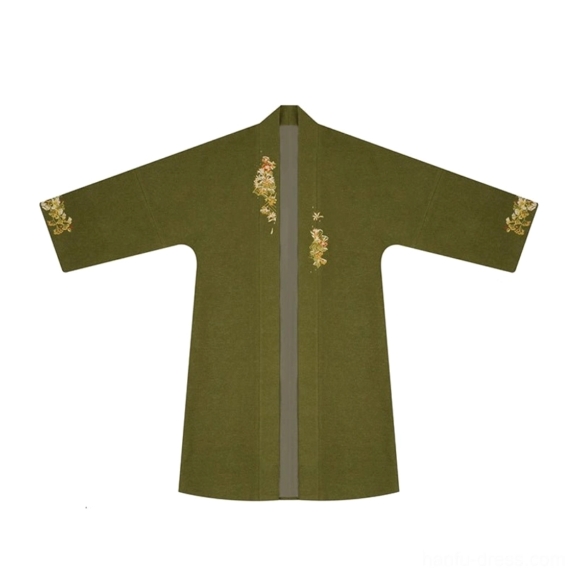 Flat lay of an olive-green Chinese hanfu overcoat with golden floral embroidery on the cuffs and front panels