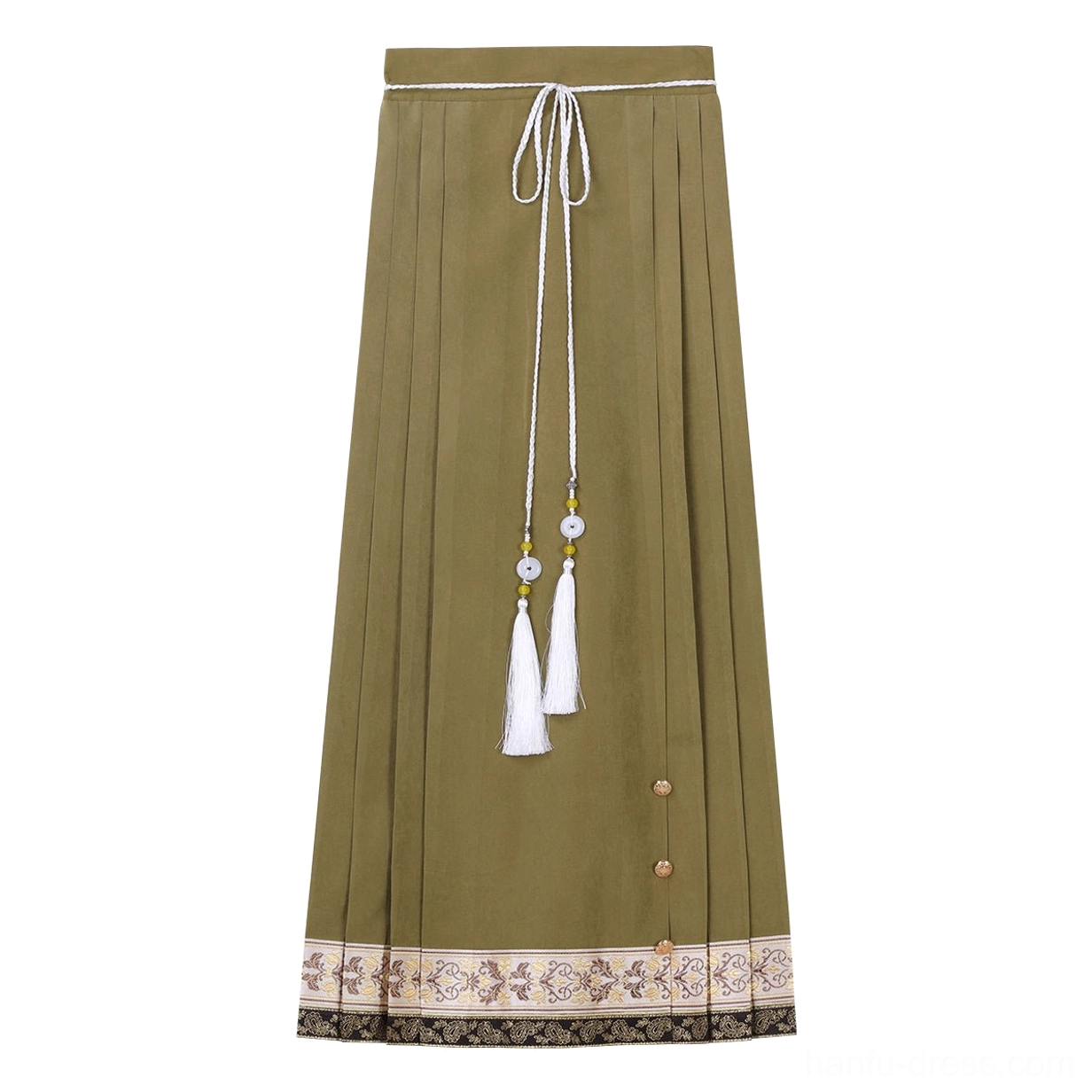 Olive green Ming Dynasty inspired mamianqun horse face skirt flat lay with pleats, tassel drawstring waist, jade pendants and decorative hem