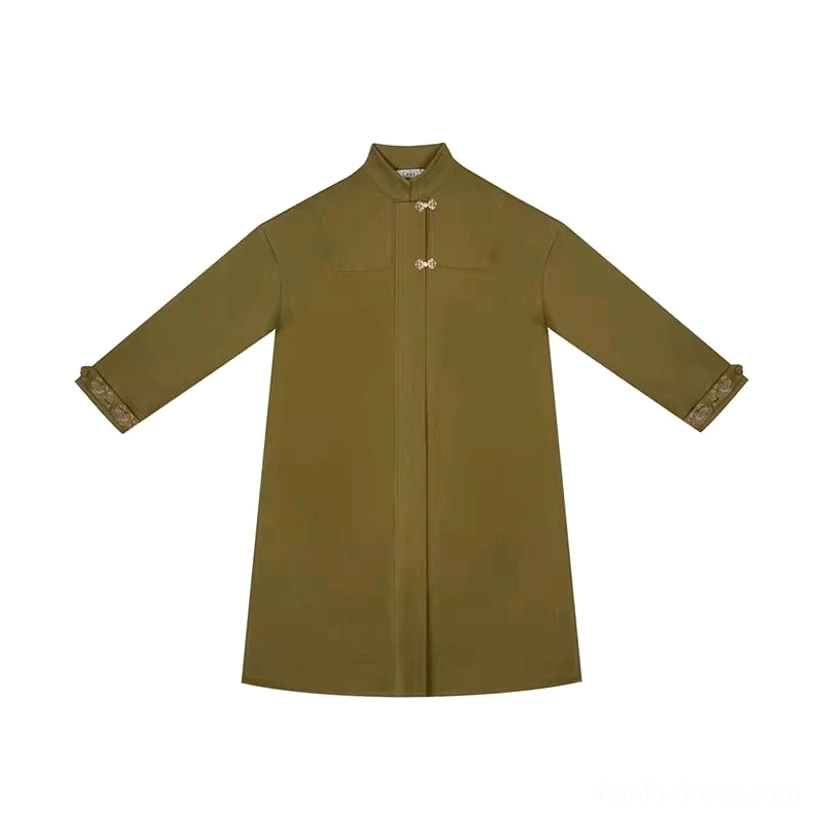 Olive green long Ming Dynasty Hanfu overcoat with stand collar metal frog buttons and decorative cuff trim flat lay