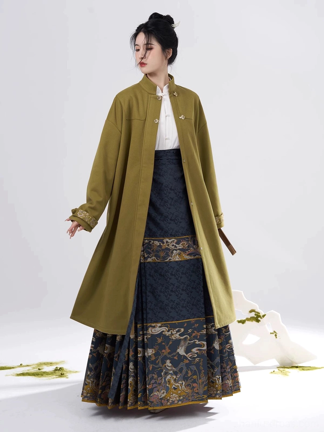 Olive green Ming Dynasty Hanfu overcoat layered with navy and gold brocade mamianqun skirt full outfit front view