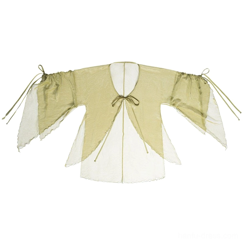 Olive green sheer fairy cardigan flat lay with V neck front tie wide sleeves and adjustable drawstring cuffs