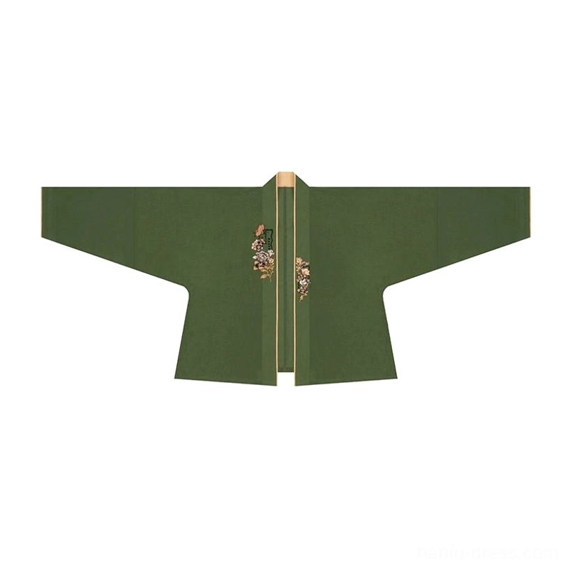 Olive green Song Dynasty Hanfu winged sleeve top with tan collar trim and delicate floral chest embroidery flat lay