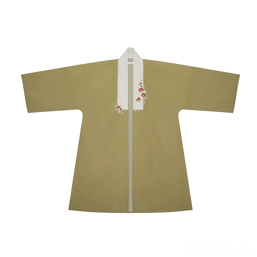 Flat lay of olive green Song style hanfu outer coat with wide sleeves contrast collar trim and floral embroidery