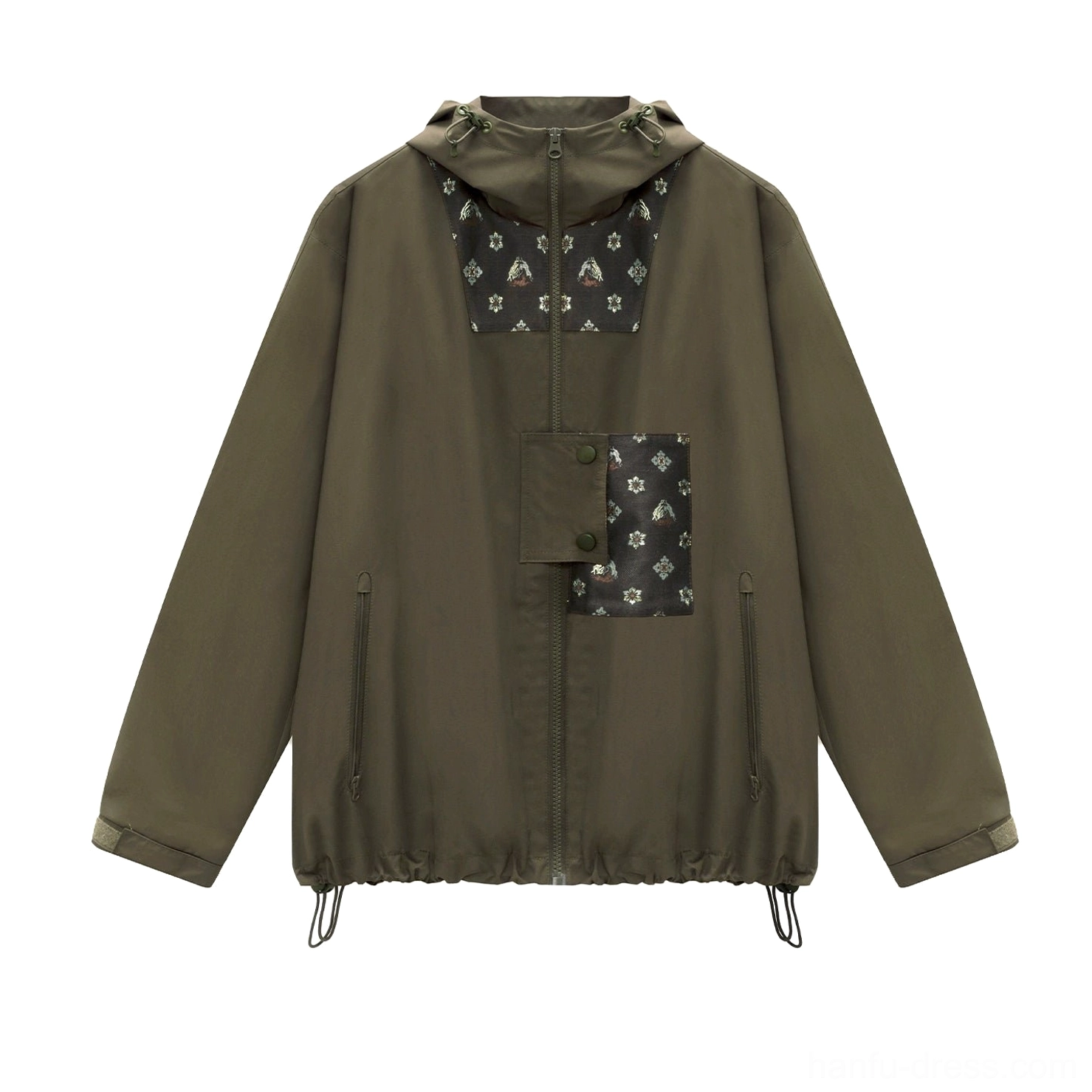 Flat lay view of an olive green women’s Modern Hanfu hooded jacket with half-zip closure adjustable drawstring hem and traditional pattern patches