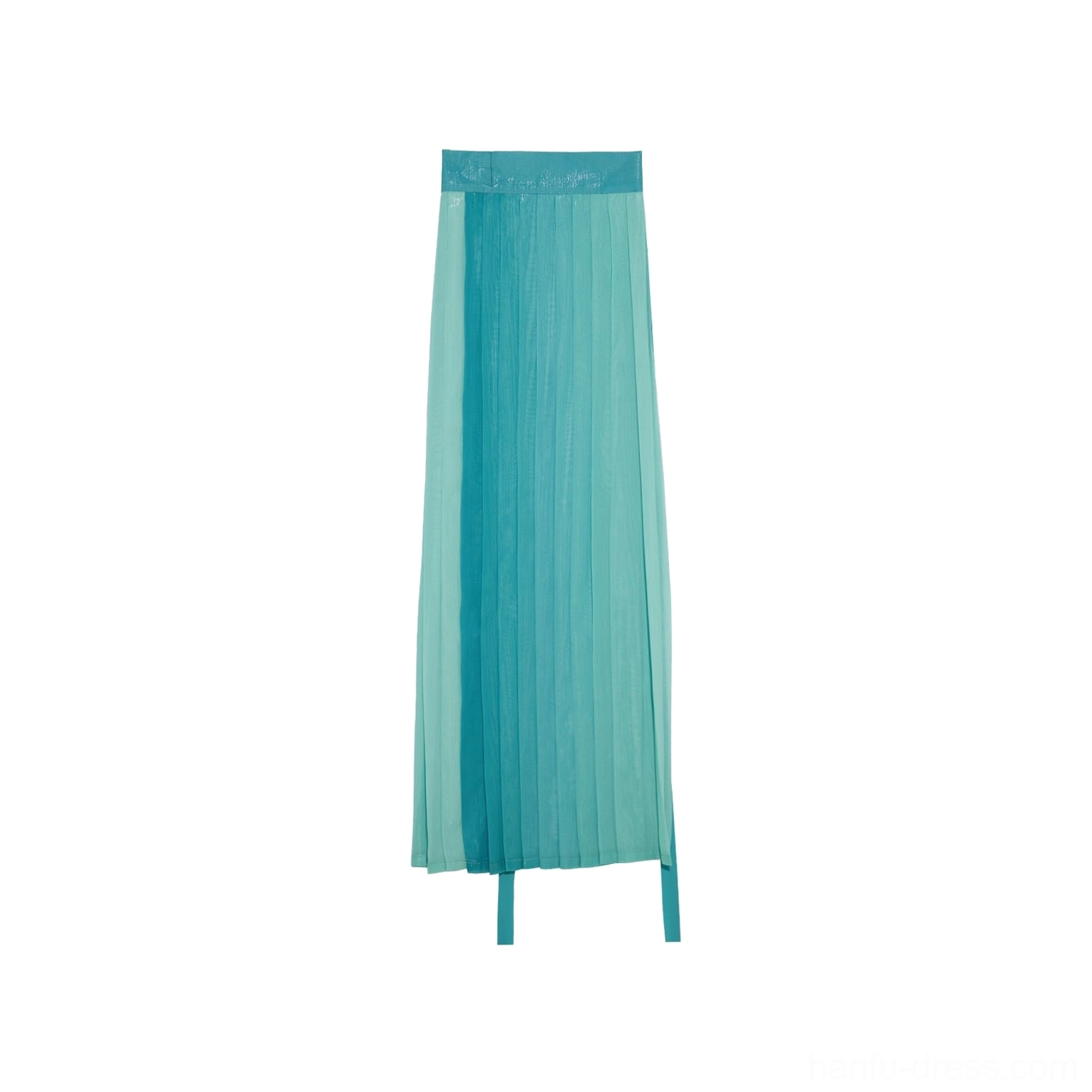 Teal gradient pleated modern Hanfu skirt flat lay with flowing all-over pleats and adjustable waist ties