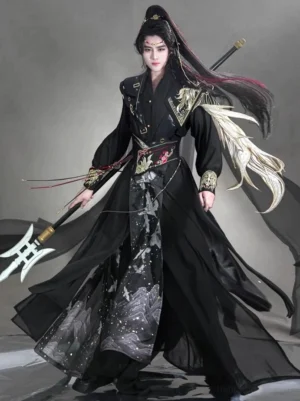 Onyx Bird xianxia demon general hanfu costume for men in black and gold with white feather shoulder armor front three quarter view