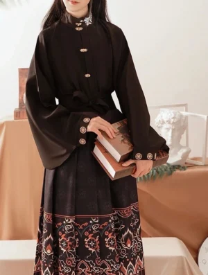 Close-up front view of onyx black modern Hanfu with metal button stand collar top, waist shaping detail, and dark printed mamian skirt hem