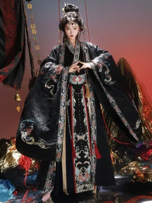 Onyx Phoenix Wei Jin Dynasty qiyao ruqun hanfu full set front view with black phoenix embroidery and flowing wide sleeves