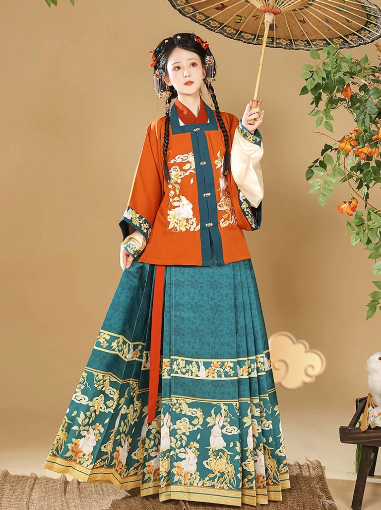 Orange square collar Ming Dynasty Hanfu jacket with teal green Money Rabbit printed mamian skirt